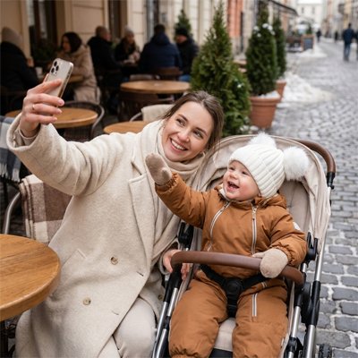 Bonnet bébé blanc maman fait un selfie avec son enfant