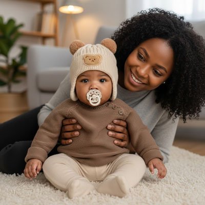 Bonnet bebe ours beige bébé assis avec sa tétine dans la bouche