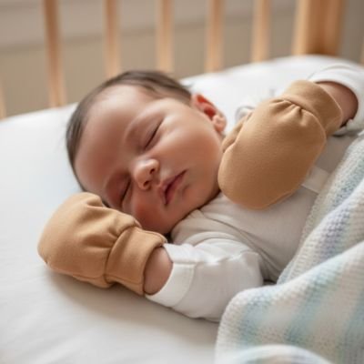 Moufle bébé marron, bébé qui dort