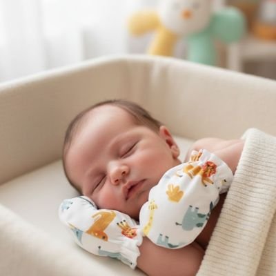 Moufles bebe gris bébé couché dans son parc