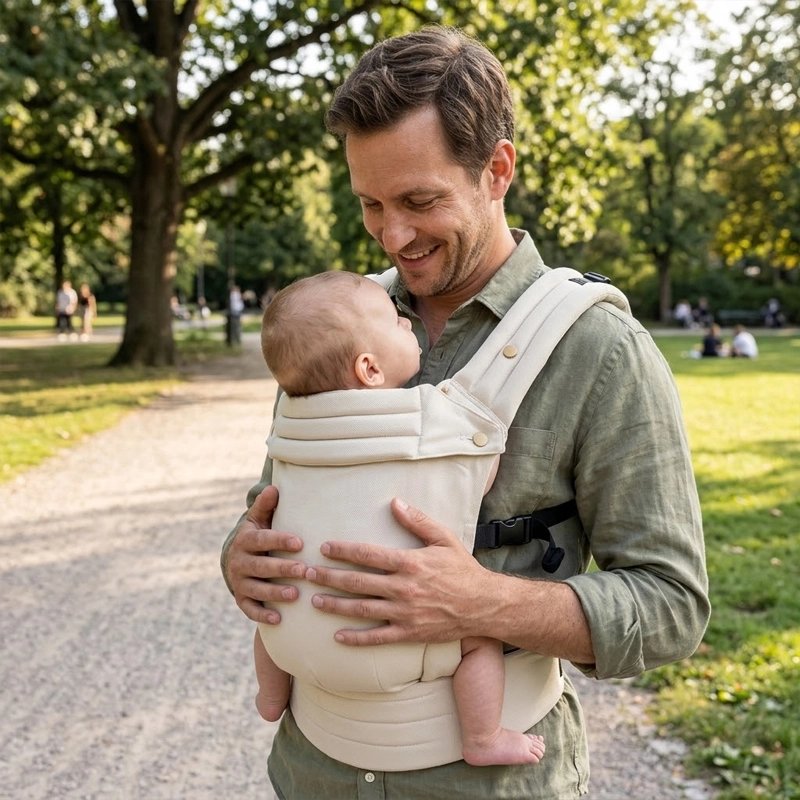 Porte bebe beige papa et bébé se regardent