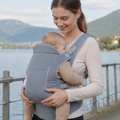 Porte bébé gris, maman qui porte son bébé face à face