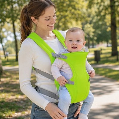 Porte bebe vert, bébé en sécurité qui de promène avec sa maman