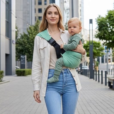 Porte bébé vert, bébé très confortable dans son porte bébé dans la rue avec sa maman