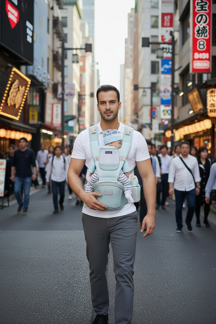 Porte bebe vert, papa porte bébé endormi face à face