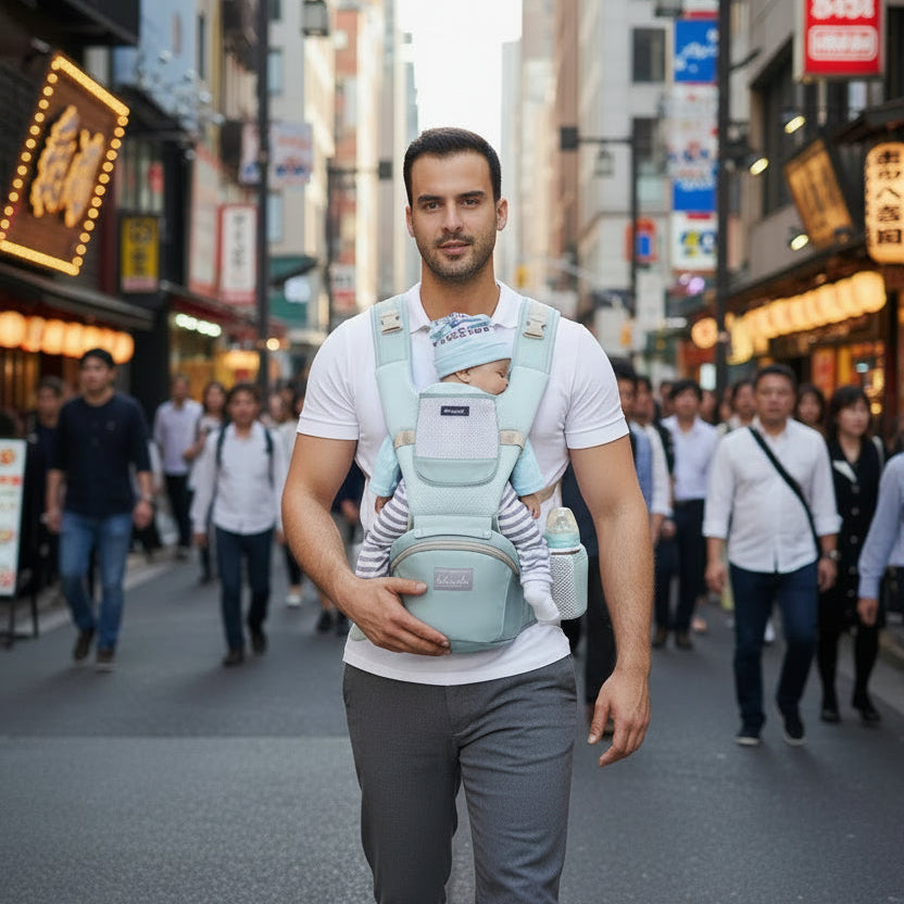 Porte bebe vert, papa porte bébé endormi face à face