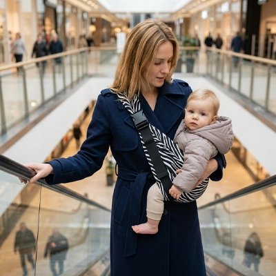 Porte bebe zÚbre, maman monte l'escalator en toute sécurité avec son bébé
