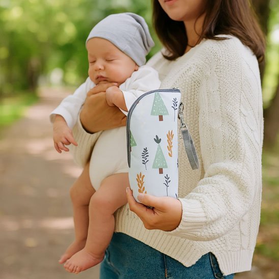 Porte biberon forêt maman tient son bébé endormit