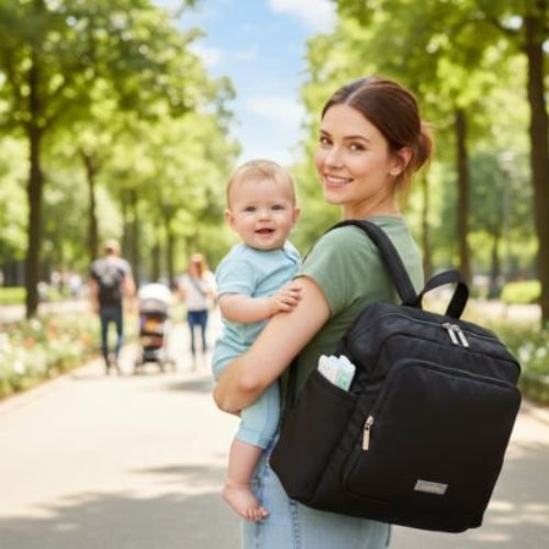 Sac a dos a langer noir bébé et sa maman qui sourissent dans la rue