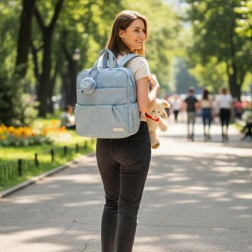 Sac a langer a dos bleu maman qui tient le doudou de son enfant entre les mains