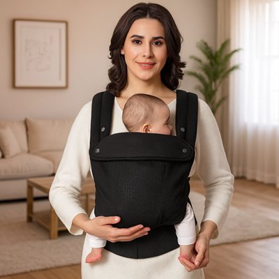 Porte bébé physiologique noir, bébé en sécurité dans son porte bébé 