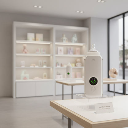 Chauffe-biberon portable blanc posé sur un presentoir dans un magasin