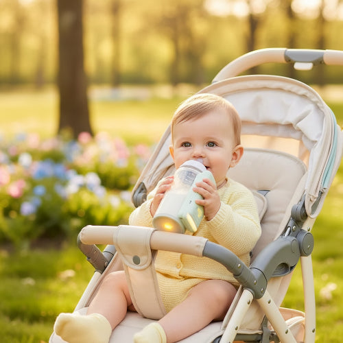 Chauffe-biberon portable vert bebe qui boit son biberon dans sa poussette