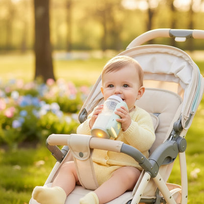 Chauffe-biberon portable vert bebe qui boit son biberon dans sa poussette