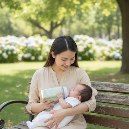 Chauffe-biberon portable vert maman quassise sur un banc au parc donne le biberon a son enfant.