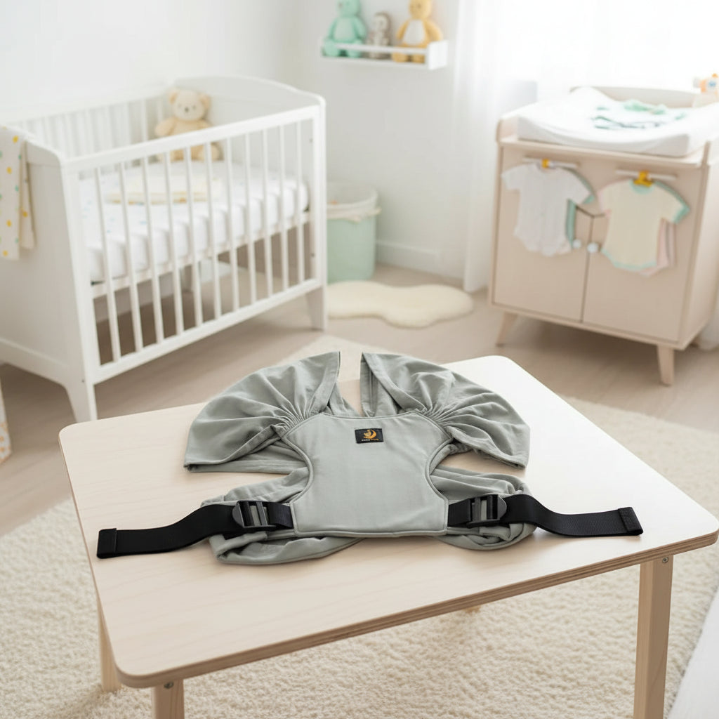 Echarpe porte bebe gris clair posée sur une table dans la chambre se bébé