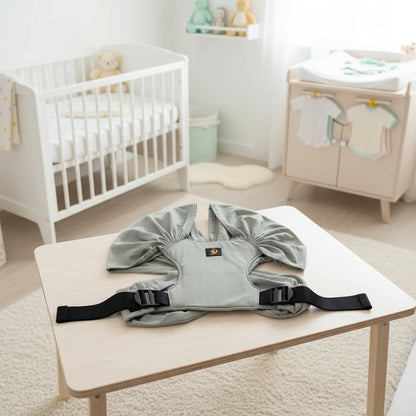 Echarpe porte bebe gris clair posée sur une table dans la chambre se bébé