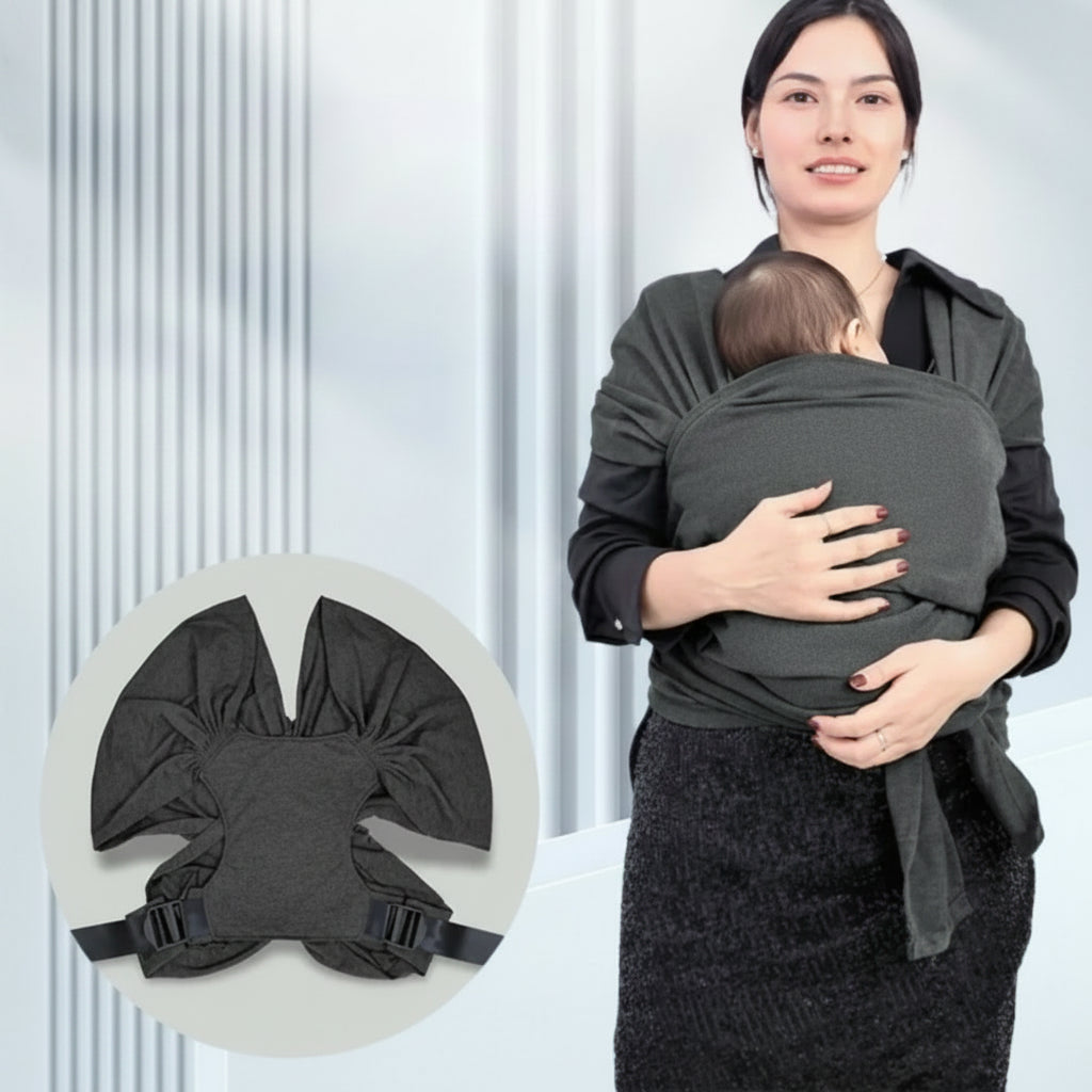 Echarpe porte bebe gris foncé, bebe qui dort tranquillement dans les bras de sa maman