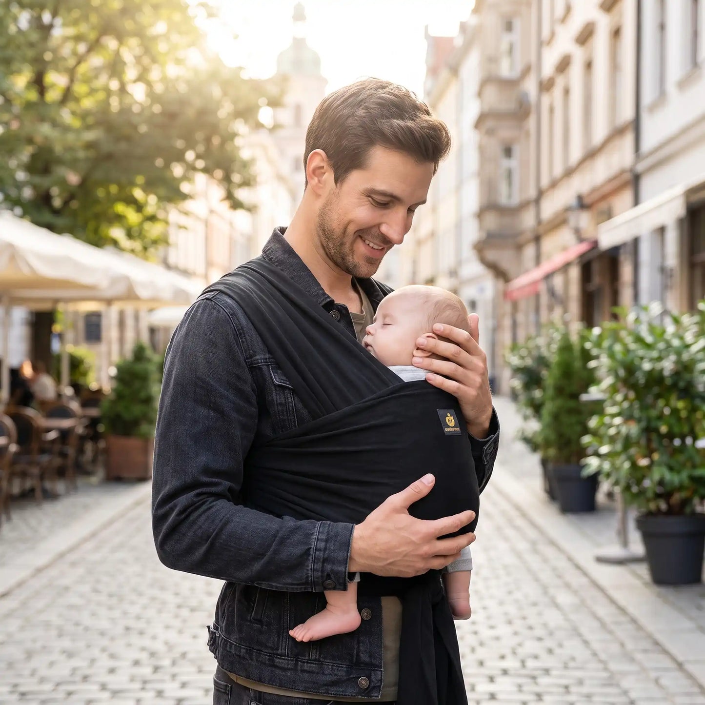 Echarpe porte bebe noir, papa qui regarde son bebe dormi confortablement