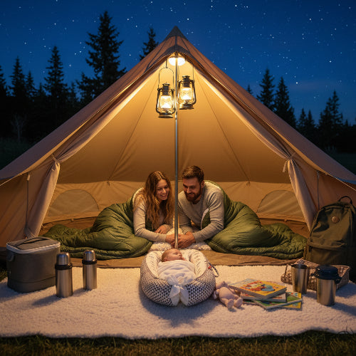 Nid bébé couronne  gris  les parents en camping avec bébé