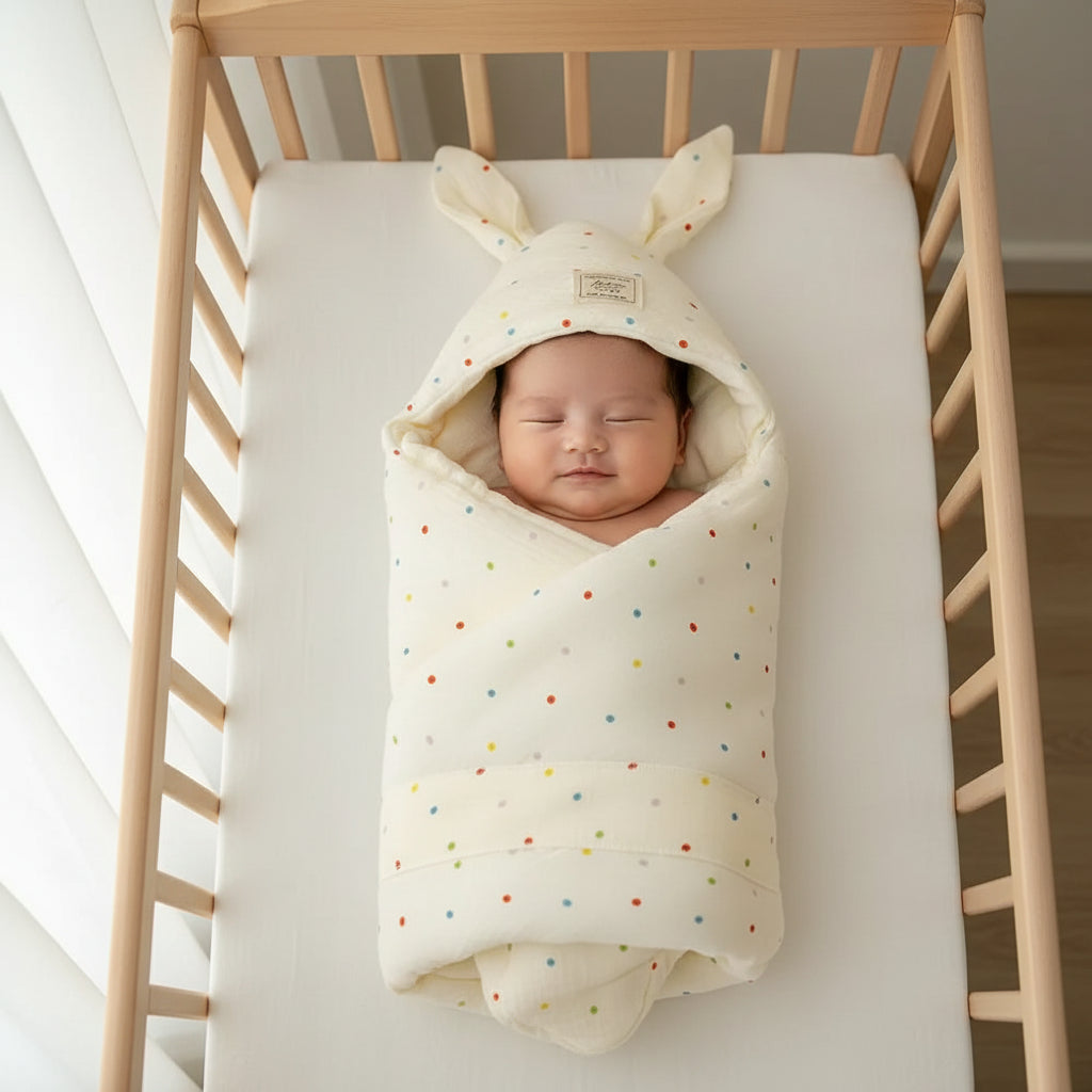 Nid d'ange 4 bebe bien emmailloté dans son lit