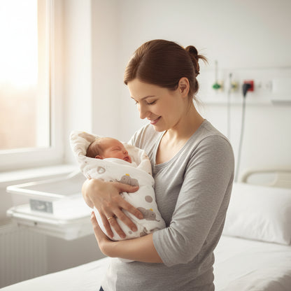 Nid d'ange bebe éléphant gris, maman à l'hôpital avec bébé 