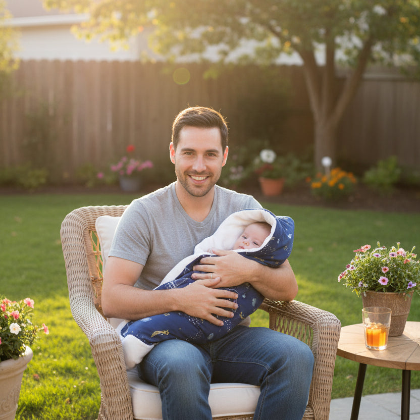 Nid d'ange bebe espace papa assis dans la cour avec bébé bien au chaud