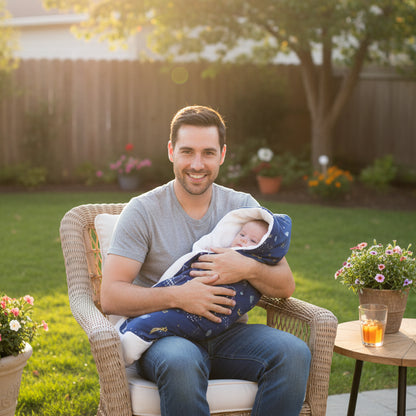 Nid d'ange bebe espace papa assis dans la cour avec bébé bien au chaud