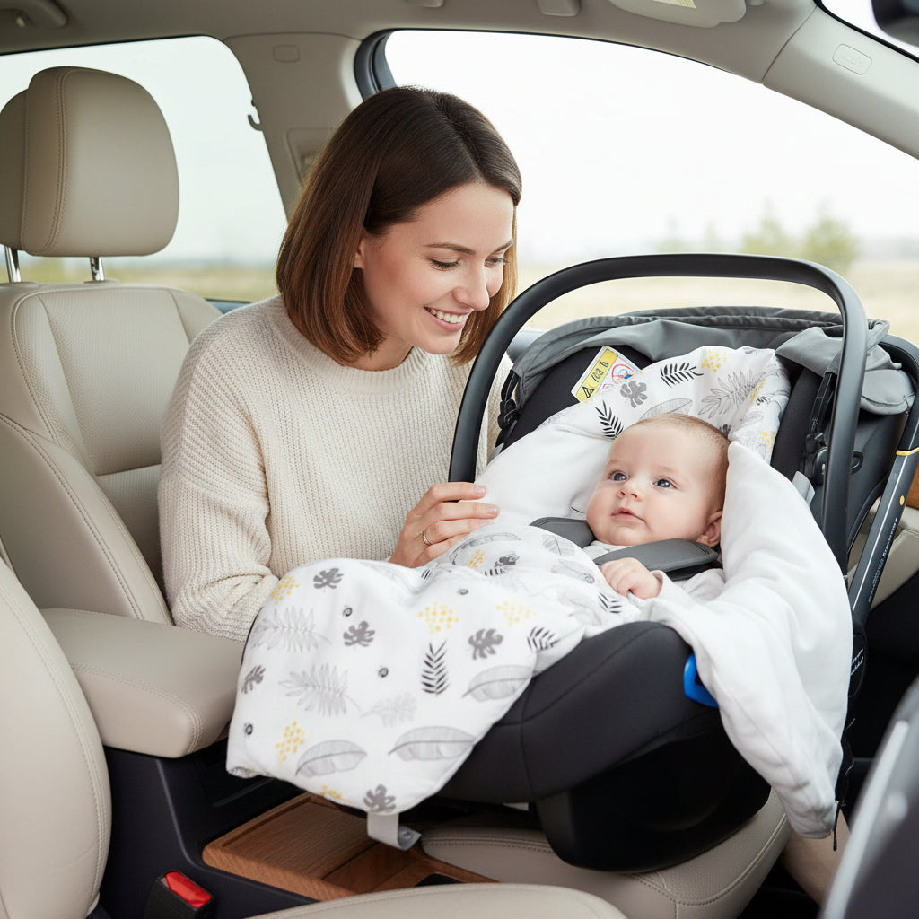 Nid d'ange bebe feuille bebe qui dans son siege dans la voiture avec mama