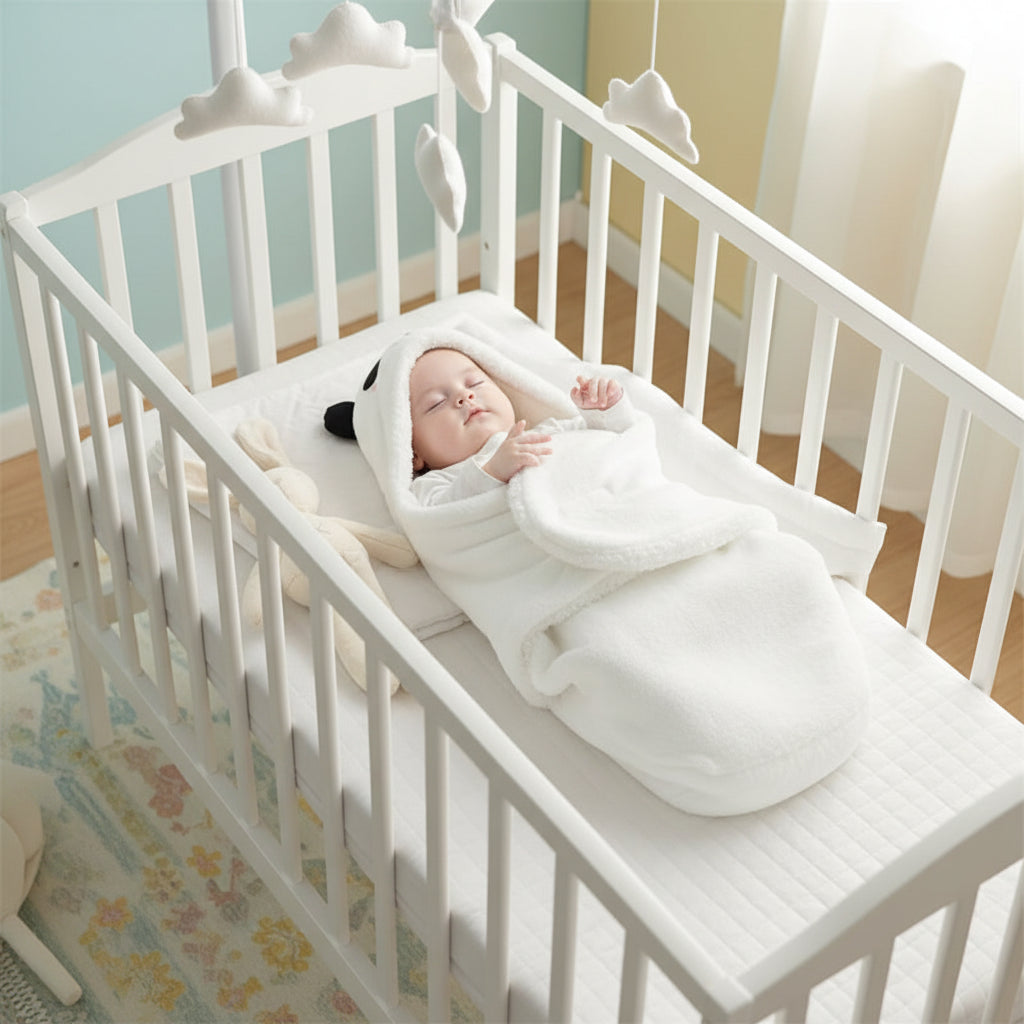 Nid d'ange blanc, bébé  dans son lit bien protégé contre le froid