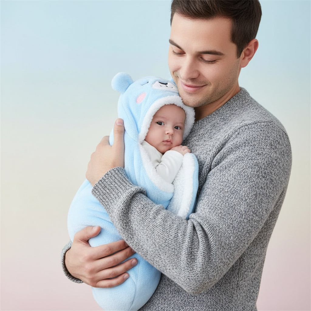 Nid d'ange bleu, bebe tranquille contre son papa