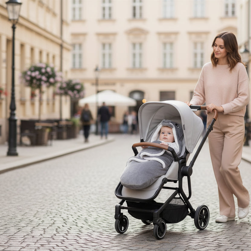 Nid d'ange gris, bebe en promenade avec sa maman bien au chaud