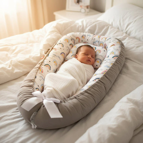 Nid pour bébé aec-en-ciel, bébé qui dort dans le lit
