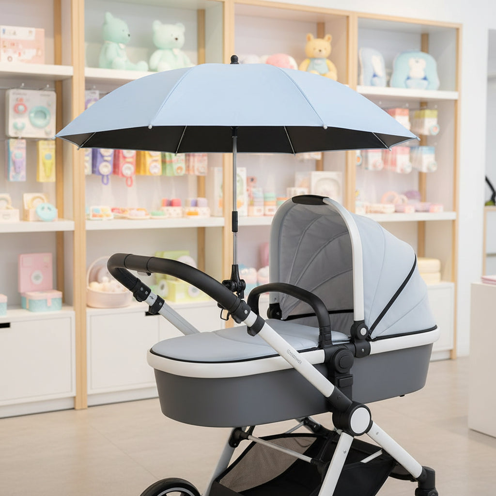 Ombrelle poussette Bleu qui est fixé une poussette  dans un magasin .