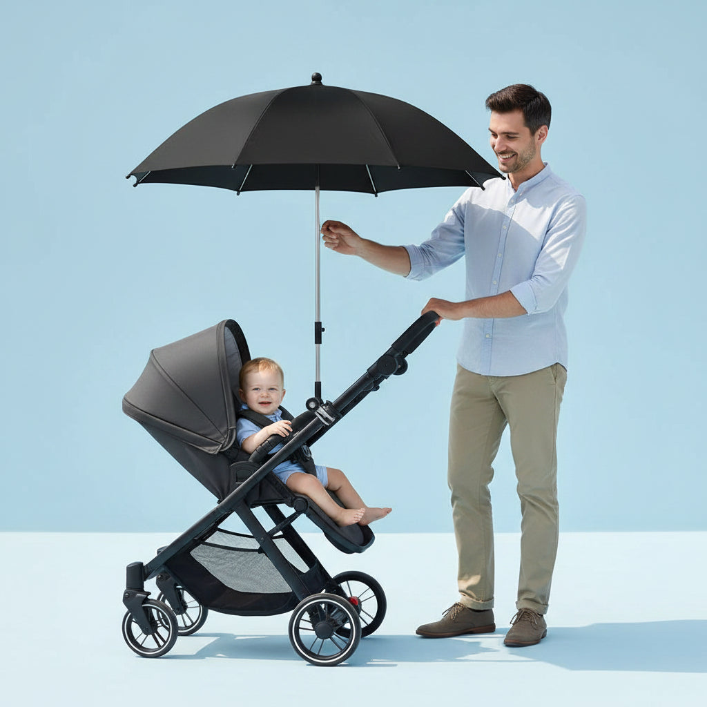 Ombrelle poussette noir papa accompagné de son enfant