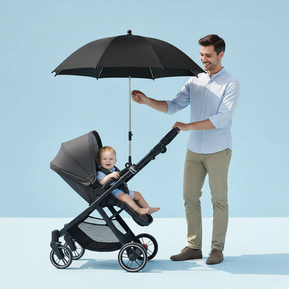 Ombrelle poussette noir papa accompagné de son enfant