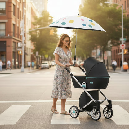 Ombrelle poussette style A maman qui traverse la route avec son enfant  dans la  poussette