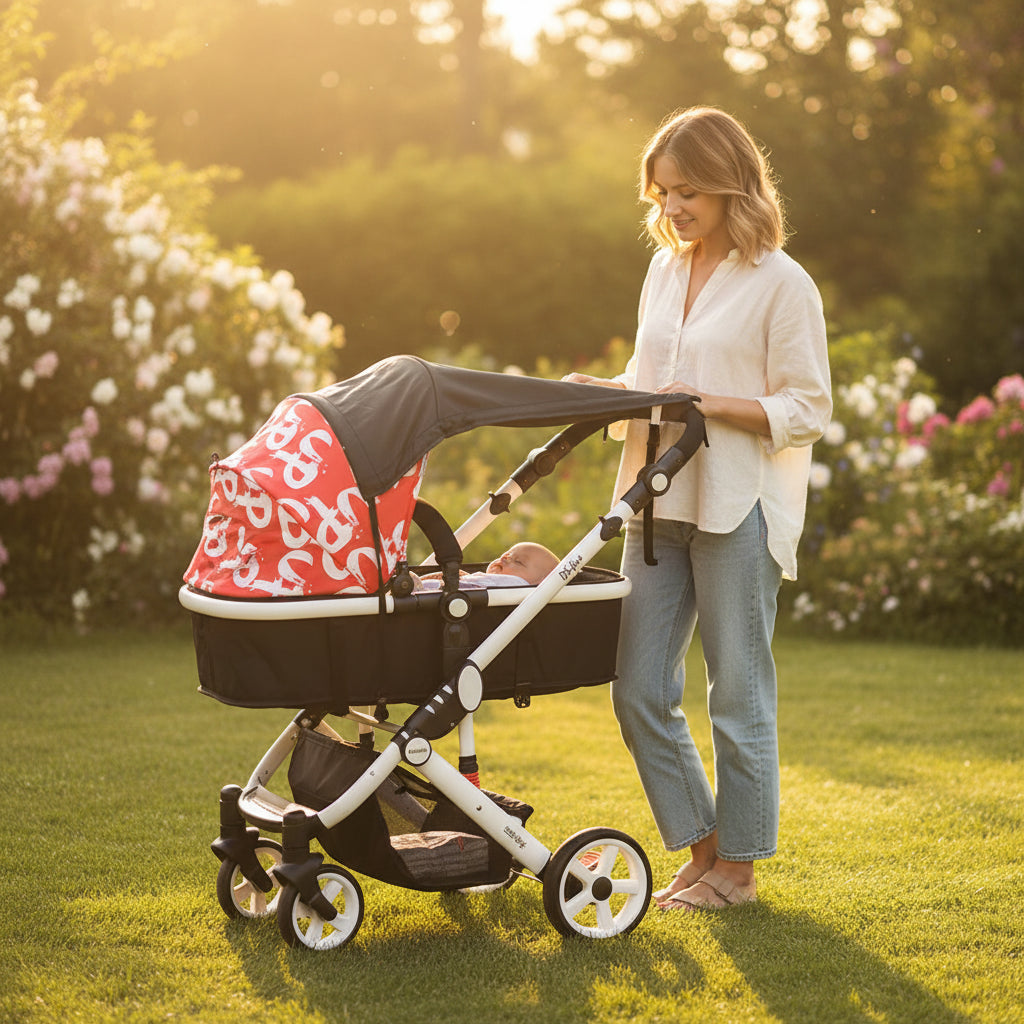 Par soleil pour poussette  noir maman au jardin avec son enfant