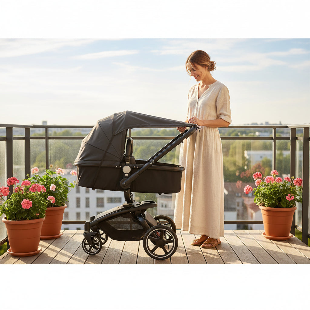 Par soleil pour poussette  noir maman sur le balcon avec son enfant dans la poussette