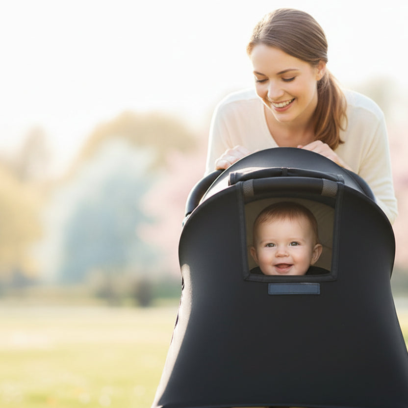 Pare soleil pour pousette avec fenêtre  l'enfant accompagné de sa maman