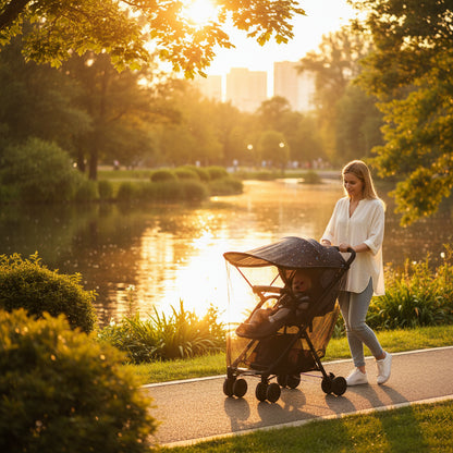 Pare  soleil pour poussette étoile avec filet maman se balade au bord de l'eau avec son enfant le soir
