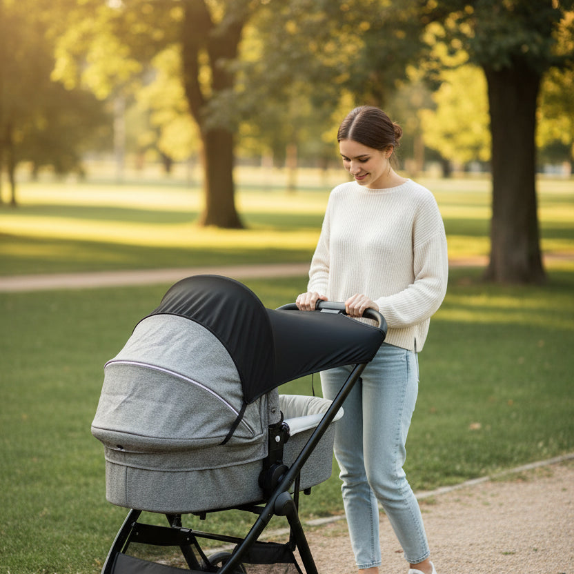 Pare soleil pour poussette sans  fenêtre maman se promène avec son bébé 