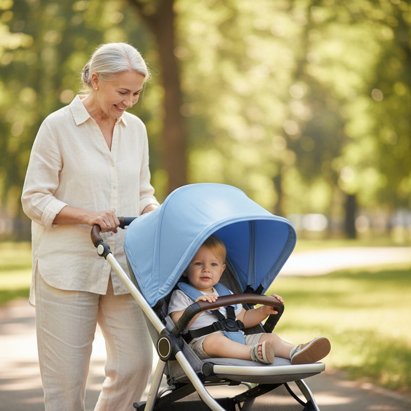 Pare soleil poussette bleu, grand maman qui fait une marche avec son petit fils.