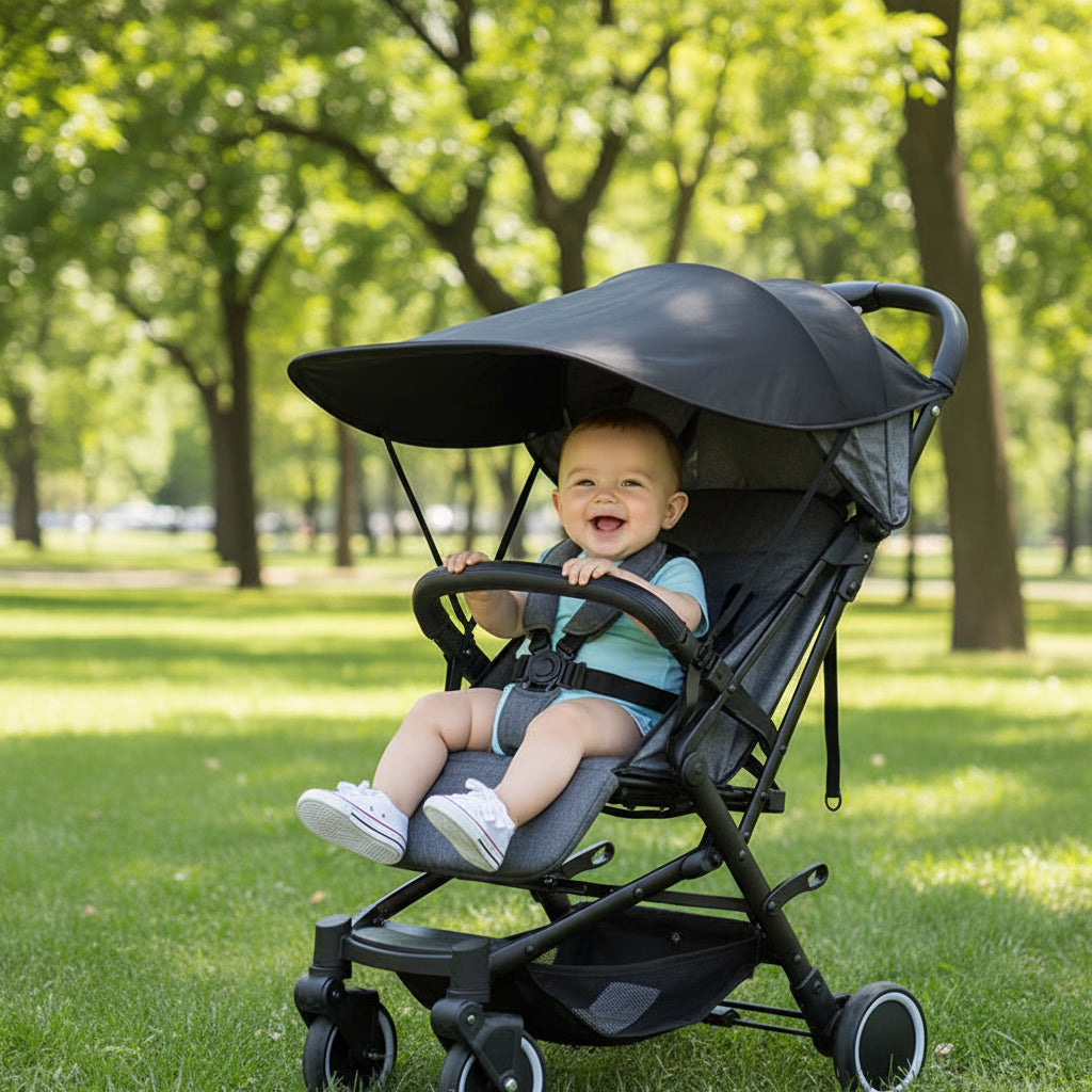 Pare soleil poussette noir bebe tout souriant dans sa poussette au parc