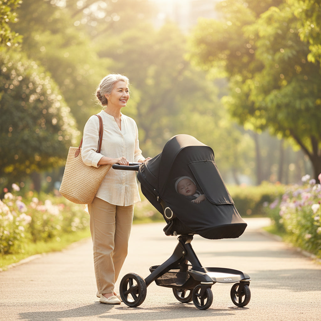 Pare soleil poussette noir grand maman  qui de balade avec son petit enfant