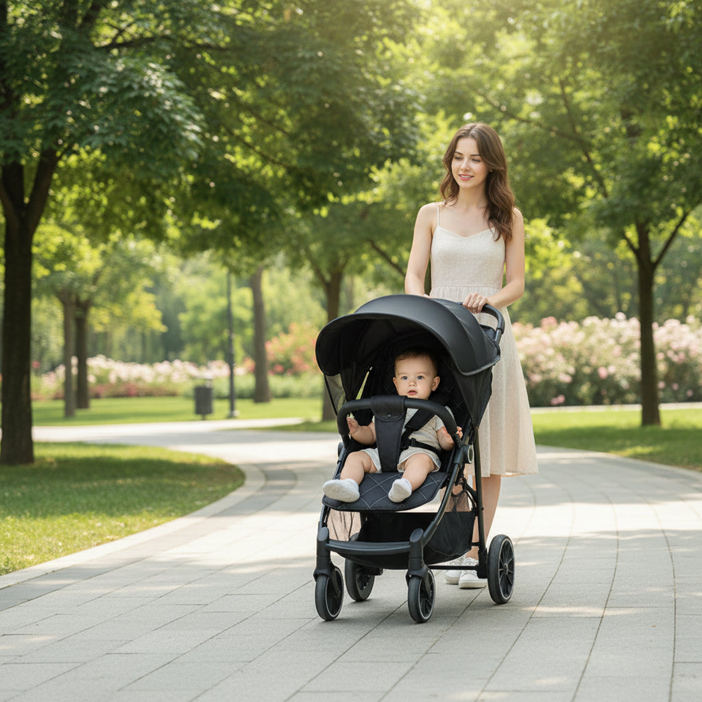 Pare soleil poussette noir, maman qui se balade au parc avec son bébé