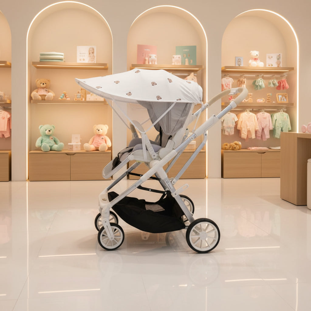 Pare soleil poussette ours, bien exposé dans un magasin pour bébé