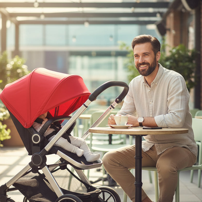 Pare soleil poussette rouge papa qui son café sur une terrasse avec son enfant dans la poussette