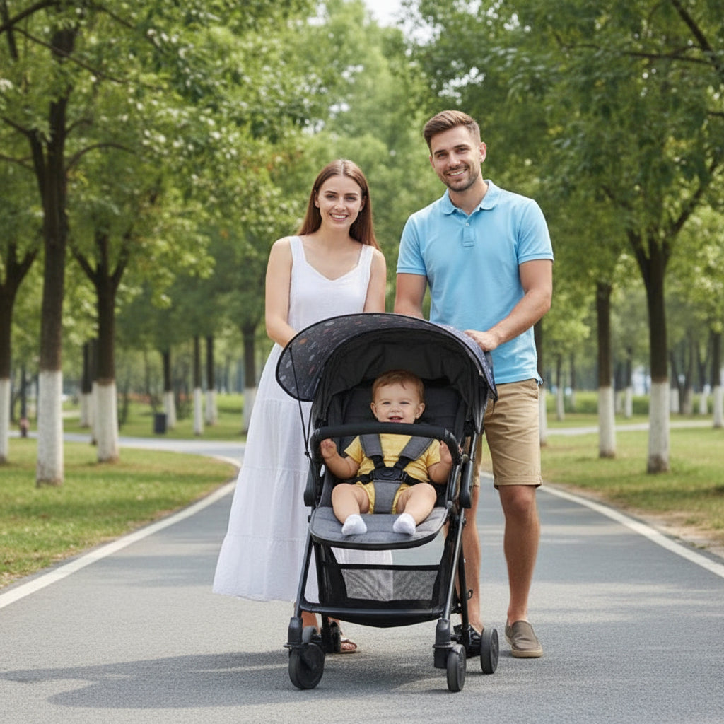 Pare soleil  poussette soleil l'enfant et ses parents en balade dans la rue 