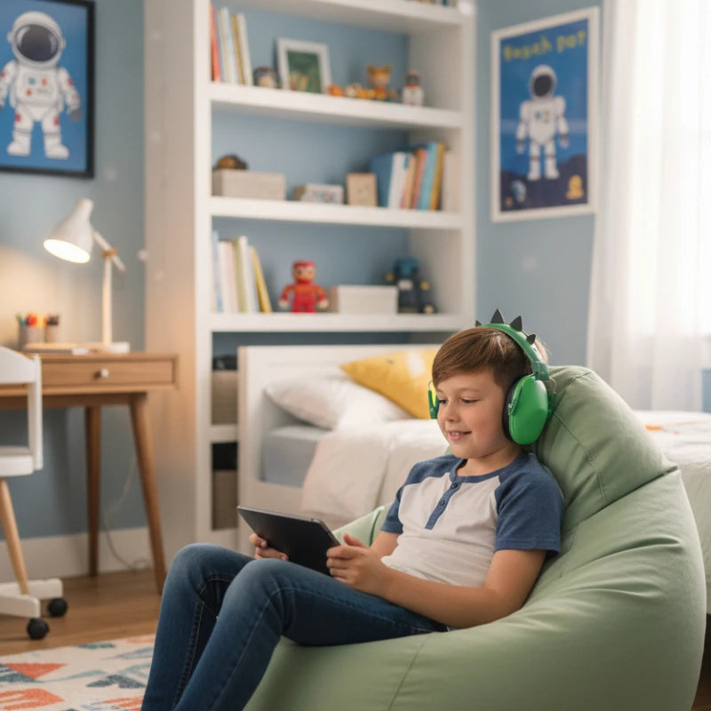 casque anti bruit enfant vert le petit  garcon dans sa chambre avec sa tablette
